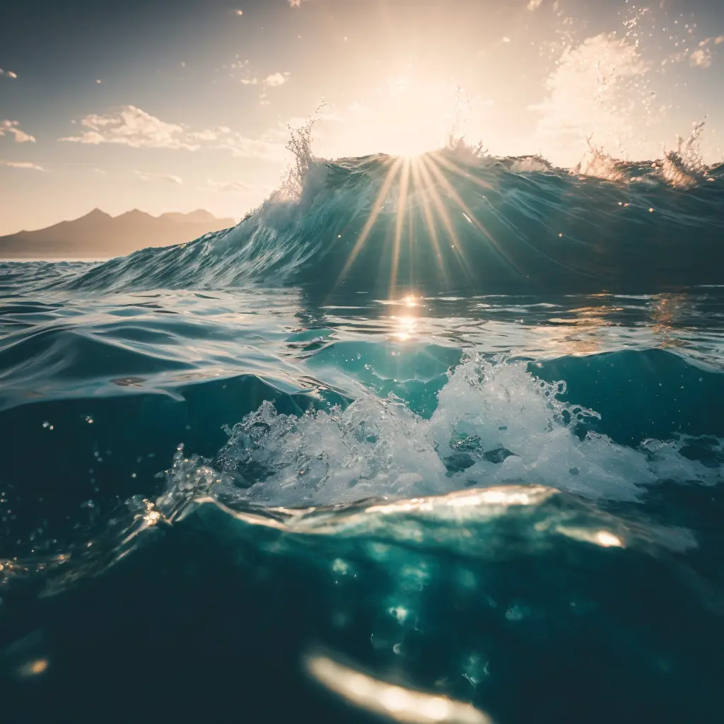 A vast ocean of water with sparkling, crisp radiant reflections, sunlight gleaming, Canon 35mm lens, hyperrealistic photography, style of unsplash